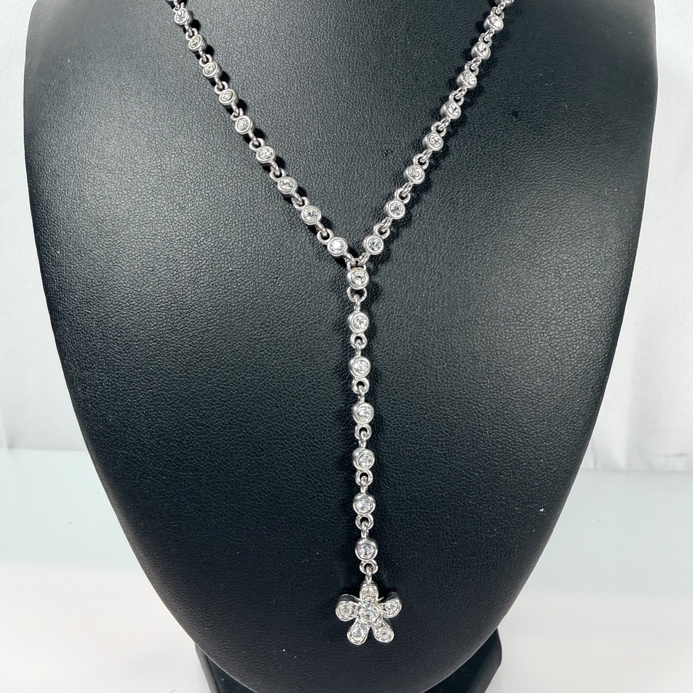 Anne Klein II Y Drop Necklace Clear Rhinestone Silver Tone Floral Pendant